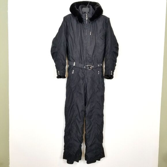 VTG ObermeyerWomen Ski Suit Sz 6 Black One Piece Snowsuit Hooded Insulated